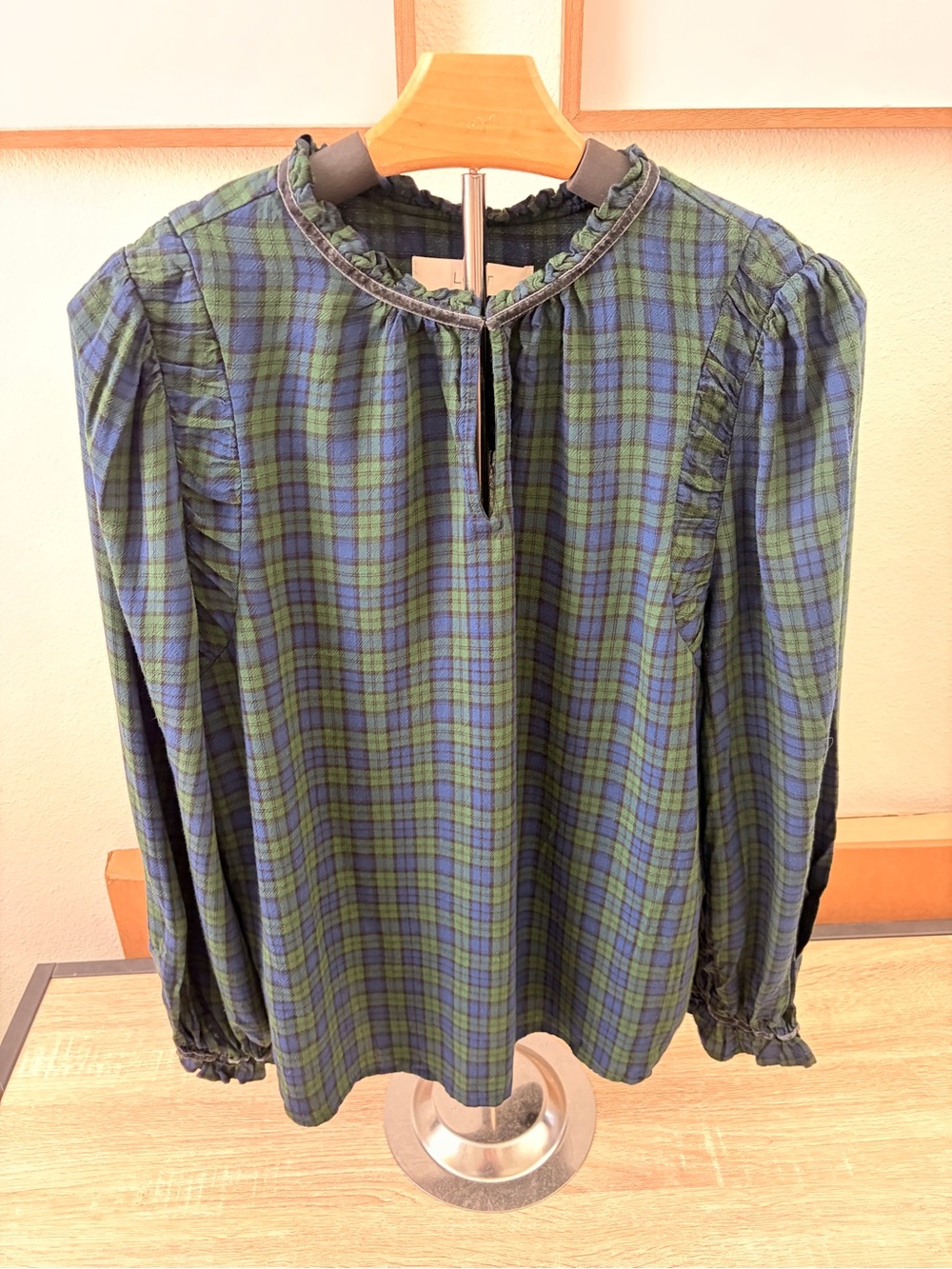 LOFT Green and Blue Plaid Ruffle-Neck Blouse - L